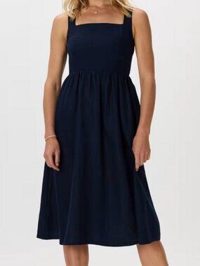 Quince 100% European Linen Fit & Flare Deep Navy Dress Quiet Luxury Minimalist L